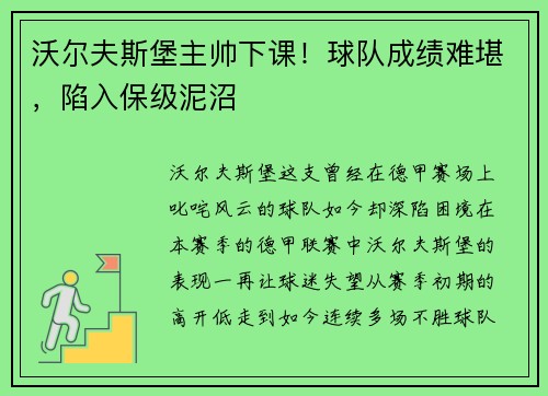 沃尔夫斯堡主帅下课！球队成绩难堪，陷入保级泥沼